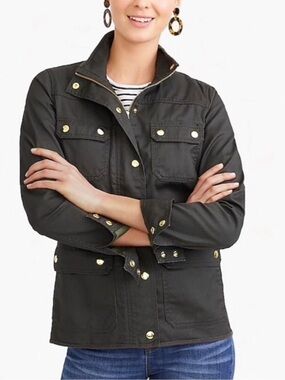 J.Crew Downtown Field Jacket Olive Utility Military Jacket Gold Snaps Small NEW